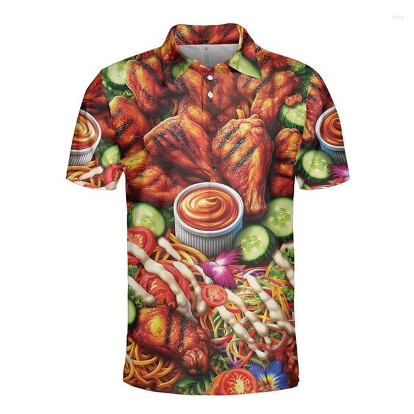 Herren-Poloshirts, leckeres Essen, Grafik, kurzärmelig, Poloshirts für Männer, Kleidung, Huhn, Steak, Schinken, Pommes frites, 3D-gedrucktes Knopfhemd, Damenoberteile