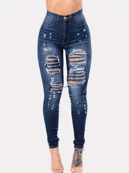 Kadınlar kot mavi yırtık delikler skinny jeans sıkıntılı yüksek bel ince fit eğik çizgi cepler denim pantolon kadın denim kot giyim