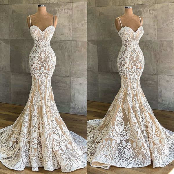 Abiti da sposa eleganti a sirena Applique in pizzo senza spalline Abito da sposa con scollo a cuore Sweep Train Abiti da sposa Dimensioni personalizzate