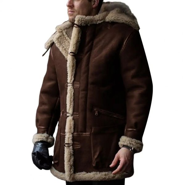 Homens jaqueta de inverno retro com capuz lapela único botão clre quente imitação lã casaco com bolsos elegante 240223