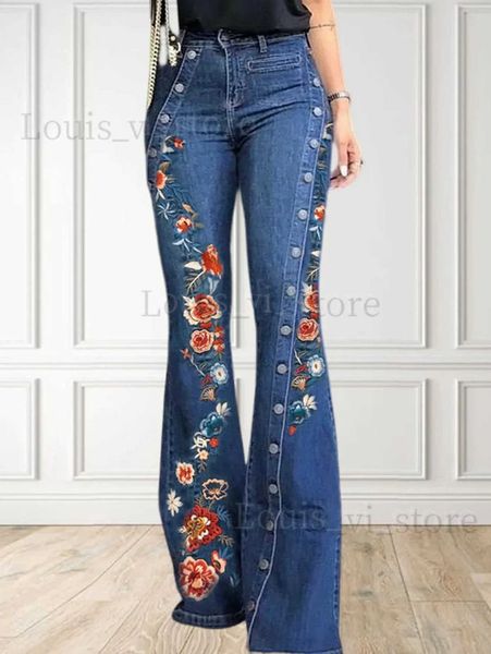 Jeans femininos mulheres plus size jeans moda cintura alta vintage bandeira impressão calças denim floral bordado botão outono flare perna jeans t240228