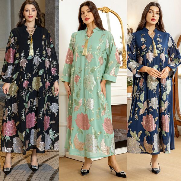 Abito da sera da donna con motivo floreale con paillettes affascinanti Abito da Dubai Medio Oriente Abaya Abito da festa elegante con maniche lunghe di lusso leggero Abbigliamento arabo