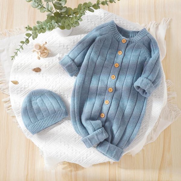 Jacken Neugeborenes Baby Strampler Gestrickte Säuglingsmädchen Onesies Junge Spielanzug Langarm Herbst Kleinkind Kleidung Hut 018M 2PC Overall Outfits