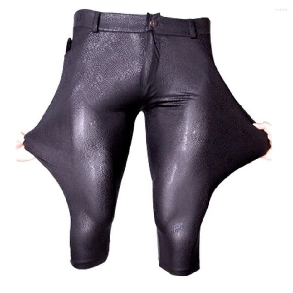 Shorts masculinos homens pu leggings de couro fino respirabilidade cobra padrão gelo seda pirata calças escala casual magro ajuste calças apertadas