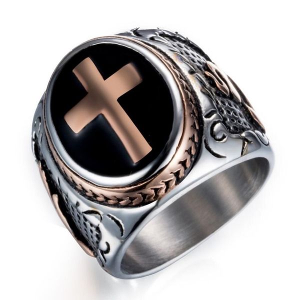 Herren-Ring aus Edelstahl, keltisch, mittelalterliches Kreuz, Punk-Herrenringe, Rock-Ringe, Silber, Schwarz, Größe 7–13270p