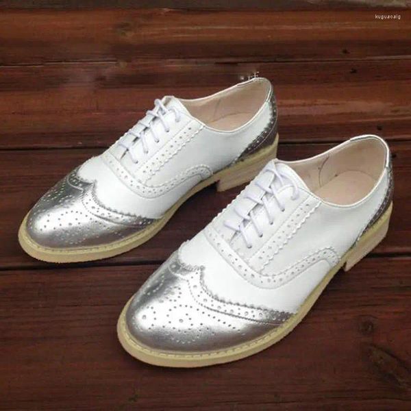 Sapatos casuais de couro genuíno prata esculpida mulheres lace up brogue único vento britânico artesanal tamanho pequeno