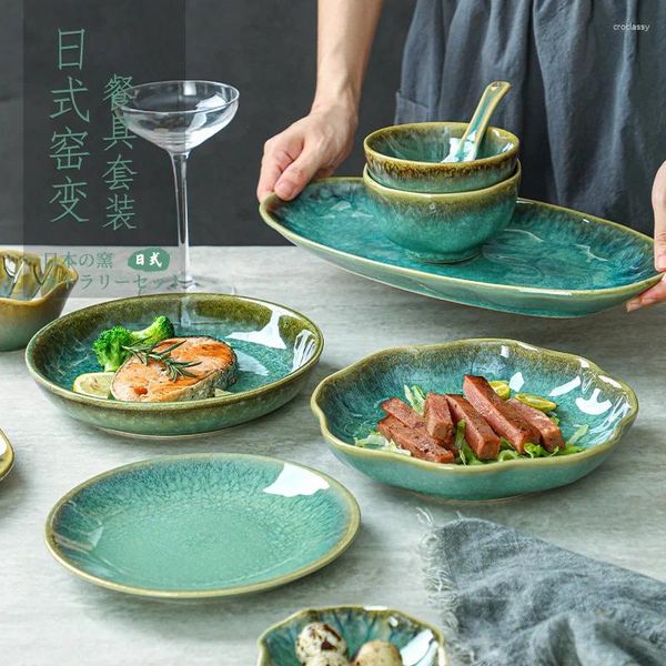 Set di stoviglie LingAo Ceramica giapponese di alta qualità Cambio forno Smalto Luce domestica Set di stoviglie di lusso retrò e vento Ciotola Piatto Piatto