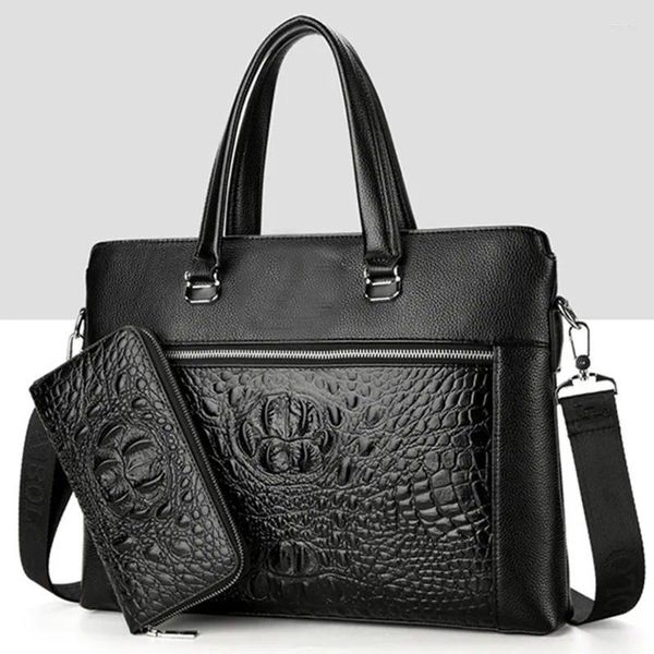 Aktentaschen Krokodilmuster Echtes Leder Aktentasche Für Mann Vintage Männer Schulter Umhängetasche Business Laptop Taschen Männliche Rindsleder Handtasche