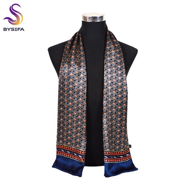 BYSIFA|Prata cinza man100% lenço de seda impresso marca de moda masculino longo cachecóis masculino cachecol outono inverno seda pura scarf160 * 26cm 240227