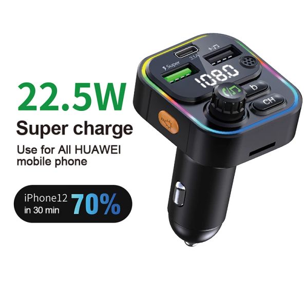 Гаджеты Bluetooth 5.0 USB Car Charger FM -передатчик с 22,5 Вт QC3.0 Super Quick Charge Adapter MP3 Ply Play Pd Зарядка для автомобиля