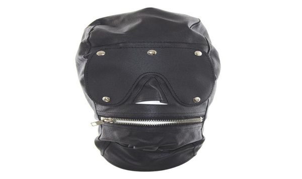 Maschera integrale in pelle PU di alta qualità con museruola con cerniera aperta con cerniera schiava bocca cappuccio copricapo completamente chiuso per giochi di ruolo sexy A6881708