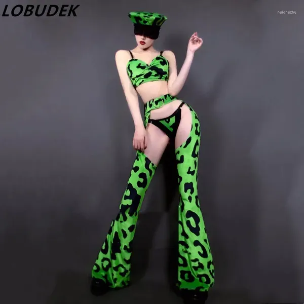 Abbigliamento da palco Bar Ballerino Team Costume Gogo sexy Bikini leopardato verde Pantaloni a zampa d'elefante Cappello vestito Discoteca DJ Cantante Jazz Dance