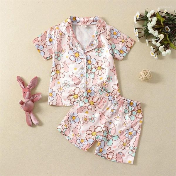 Kleidungssets CitgeeSummer Ostern Kinder Mädchen Jungen Pyjama Set Kurzarm Blumendruck Knopfhemden und Shorts Nachtwäsche