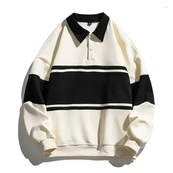 Herren Polos Herbstmode Poloshirt Pullover Trend Farbkollision Gestreiftes Langarm-T-Shirt Revers Lässige lose Jacke Tops