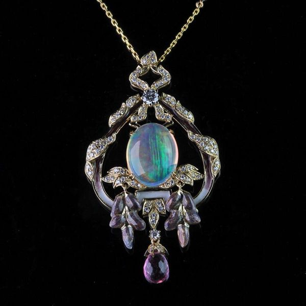 Edler Schmuck, luxuriöser, 14 Karat vergoldeter, massiver 925er-Sterlingsilber-Emaille-VVS-Moissanit-Amethyst-Anhänger mit australischem Opal für Frauen