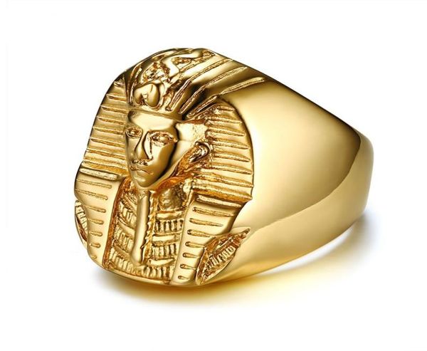 Anelli a forma di faraone per uomo Anello in acciaio inossidabile tono oro Punk rock Antico Egitto Accessori per anelli da dito maschile2445834