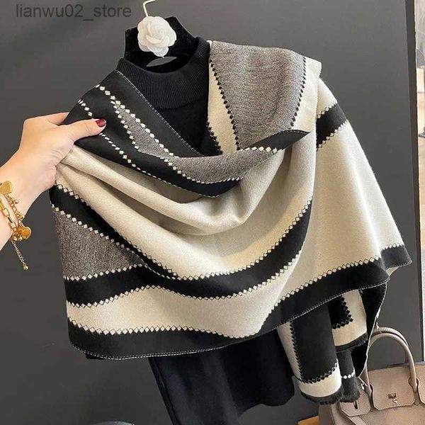 Sciarpe Sciarpa invernale in cashmere caldo da donna coperta in cashmere a trama semplice, scialle spesso avvolto attorno al colletto alla moda Bufanda Echarpe impermeabile Q240228