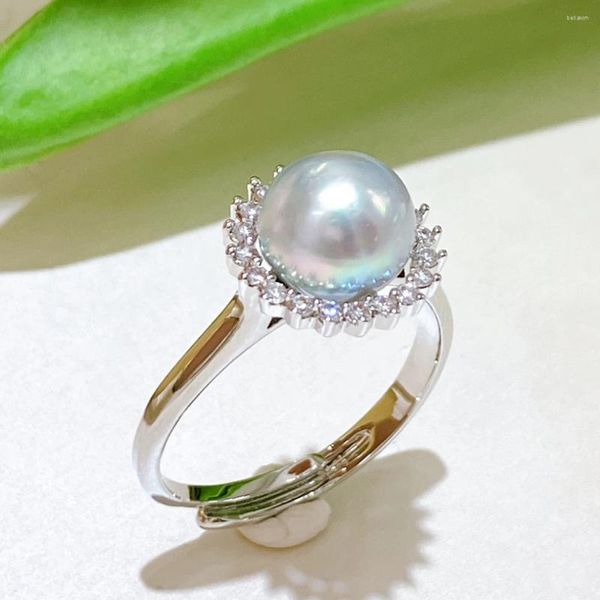 Cluster Ringe 8-9mm Natürliche Japanische Meerwasser Akoya Perle Ring Barock Runde Prinzessin Stil Blau Grau Für Frauen Mädchen Party Geschenk
