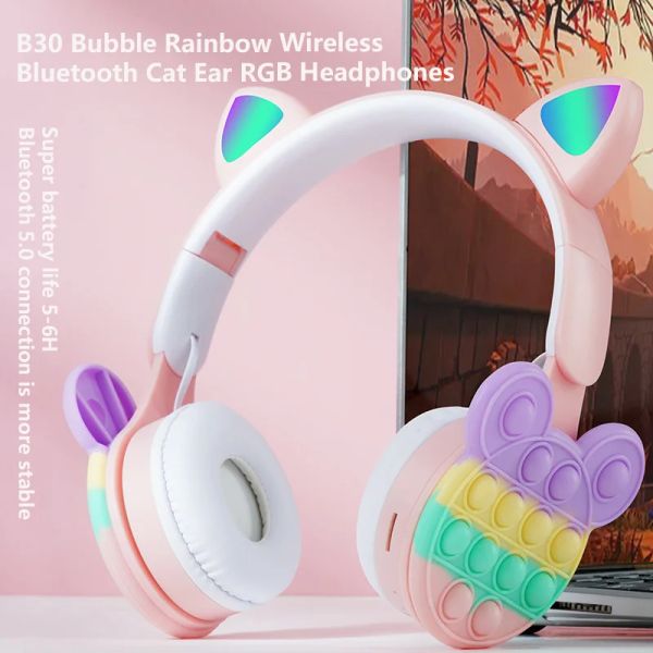 Cuffie/Cuffie New Cartoon Bubble Rainbow Decompression Cuffie Bluetooth senza fili Cat Ear RGB con microfono Le cuffie per bambini supportano la scheda TF