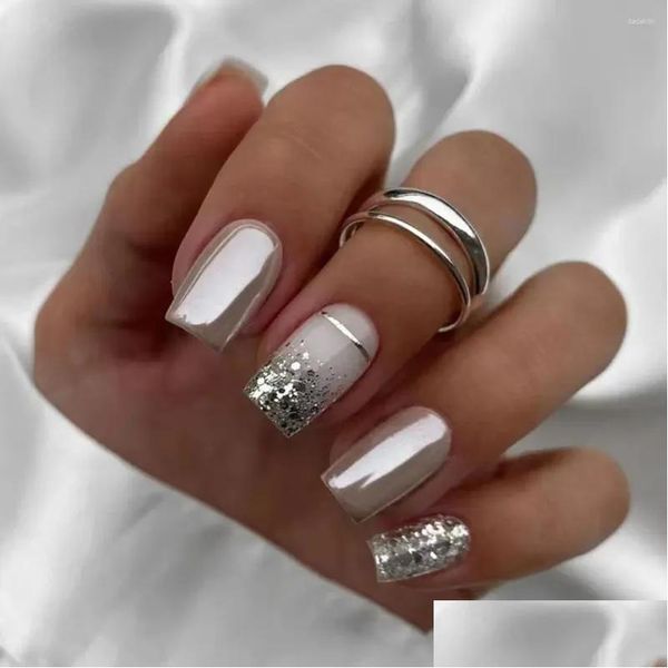 Falsche Nägel 24 stücke Nagelspitzen DIY Gefälschte Nials Glitter Silber Lange Quadrat Französisch Drop Lieferung Gesundheit Schönheit Kunst Salon Otqxt