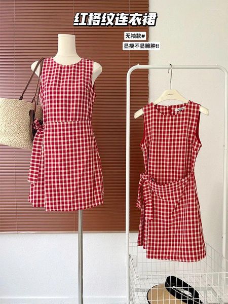 Lässige Kleider Harajuku japanische Frauen A-Linie Kleid Strand ärmelloses Design rot kariert Fee Schnürung O-Ausschnitt Abendkleid Streetwear Mode