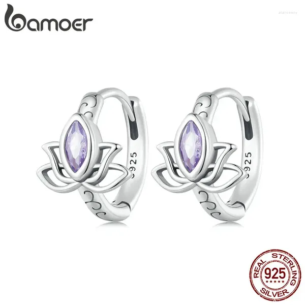 Orecchini a cerchio Bamoer in argento sterling 925 romantico fiore di loto viola zircone per donne ragazze regalo elegante gioielleria raffinata