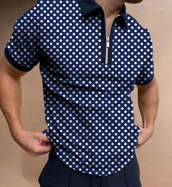 Polo da uomo a maniche corte a pois con cerniera stampata in 3D, colletto fitness casual, vestibilità regolare