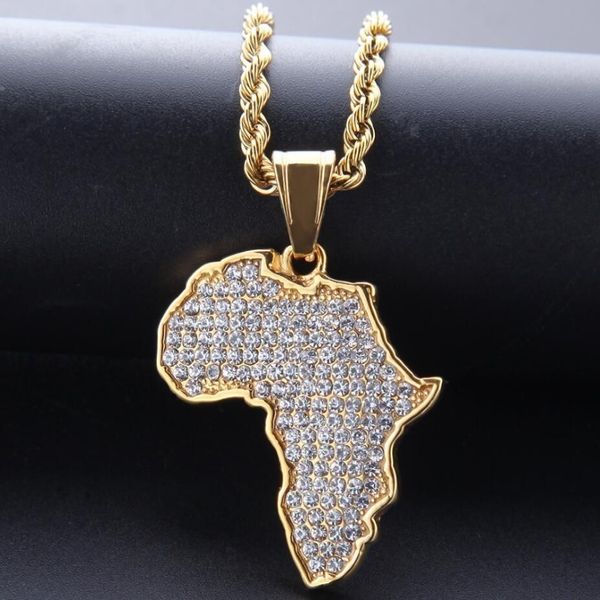 Hip Hop Afrikanische Karten Voller Bohrer Anhänger Halsketten 14k Gold Überzogen Set Auger Kristall Edelstahl Halskette Herren Frauen Schmuck G3221