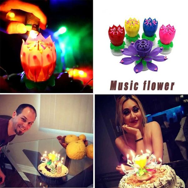 3pcs velas de aniversário vela colorida lotus vela girando e florescendo bolo de aniversário decoração de festa de aniversário criativo presente