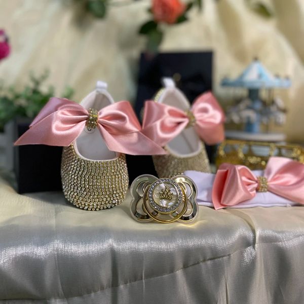 Outdoor Dollbling Großhandel Rosa Schleife Luxus Mädchen Kleinkind Neugeborenes Baby Lässige Stoffschuhe mit Shinny Strass