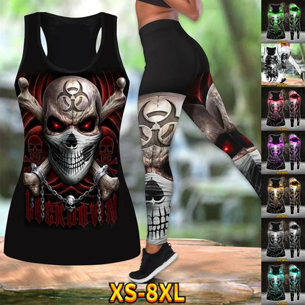 Roupa crânio impressão tanque superior senhoras verão ginásio correndo sexy calças de yoga secagem rápida respirável terno xs8xl