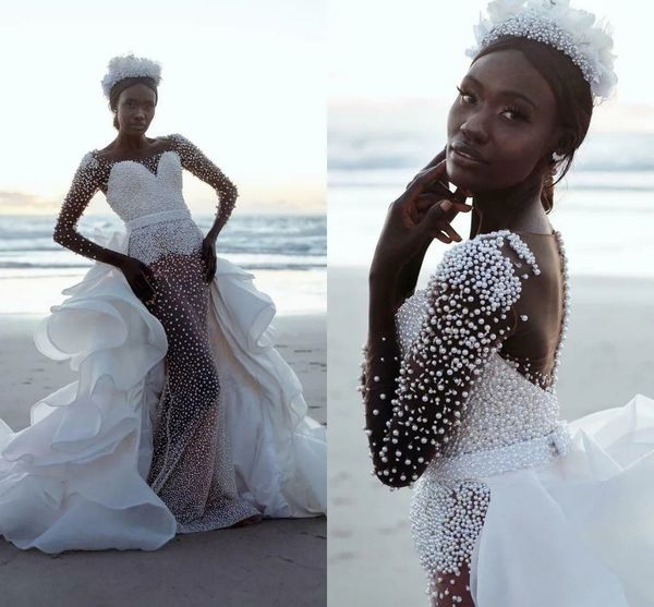 Luxuoso vestido de casamento africano 2024 destacável saia multi-camadas pérolas pesadas ver através de vestidos de noiva vestidos de novia feito sob encomenda