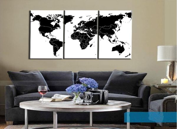 Stampa Poster 3 pezzi dipinto su tela Immagini di mappa del mondo in bianco e nero per soggiorno wall art cuadros decorative5232427