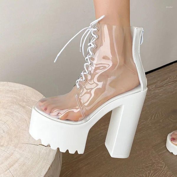 Botas Mulheres Tornozelo Lacing Redondo Toe Senhoras Salto Alto Primavera Outono Transparente PVC Plataforma Sapatos Handmade Motocicleta