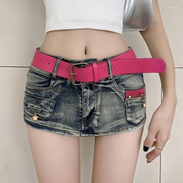 Röcke Koreanische Y2K Denim Mini Frauen Sommer Hohe Taille Taschen Bleistift Jeans Mit Gürtel Damen Jupe Femme