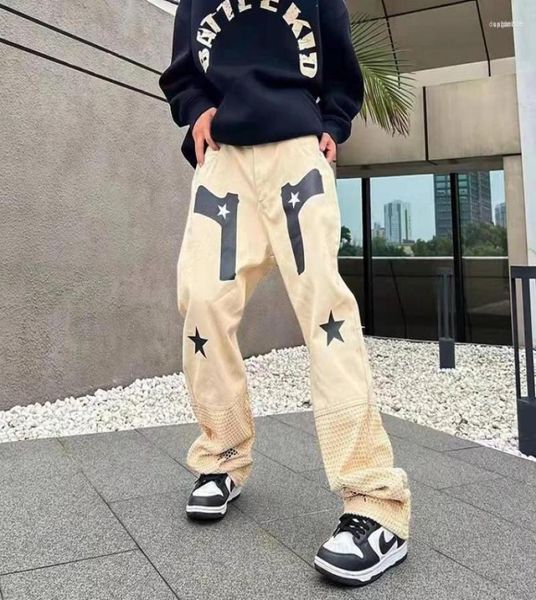 Брюки Men039s Men039s Harajuku повседневные джинсы Мужские сетчатые прямые широкие брюки-карго с принтом звезд-пистолетов в винтажном стиле свободные брюки в стиле панк Spr7639977