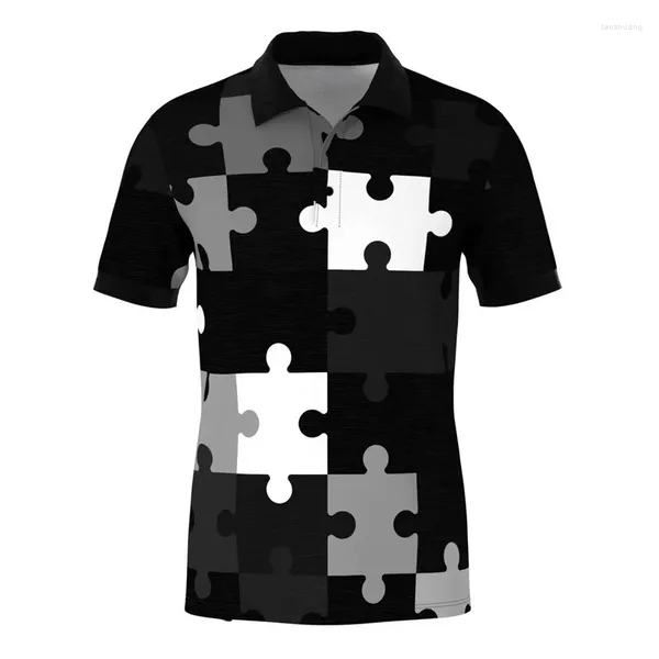 Polos masculinos engraçado quebra-cabeça gráfico polo camisas para roupas masculinas moda quebra-cabeças manga curta intrigado lapela camisa bloco de emenda crianças topos