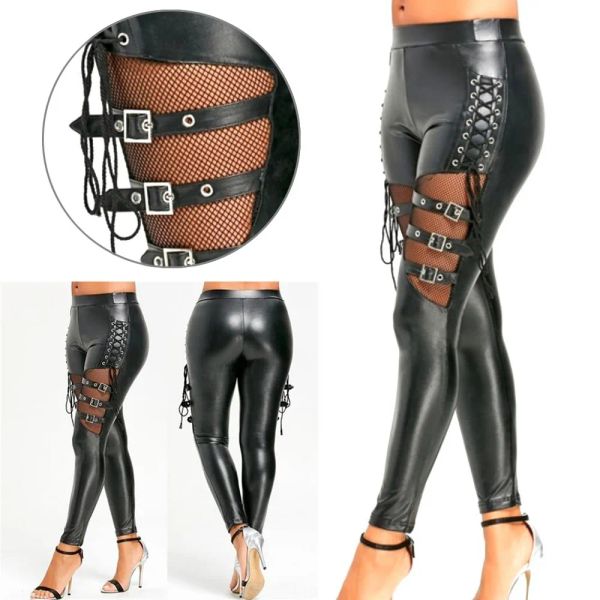 Hosen Frauenkleidung Frauen nasse Look pu Leder Skinnhose Schlanke Seitenfischnetz Gothic Punk Leggings Kunstlederstifte Hosen Hosen