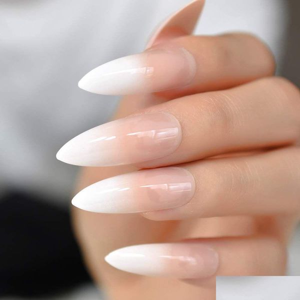 Unghie finte Stiletto Naturale Nudo Rosa Ombre Unghie Gradeint Francese Extra lungo Unghia finta a punta Salone Press On Wear Uv Nail Art Dhpfs