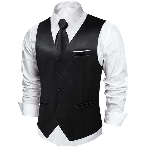 Gilet in raso nero con cravatta di lusso fazzoletto da taschino gemelli per uomo gilet da smoking classico da uomo d'affari di moda da sposa 240228