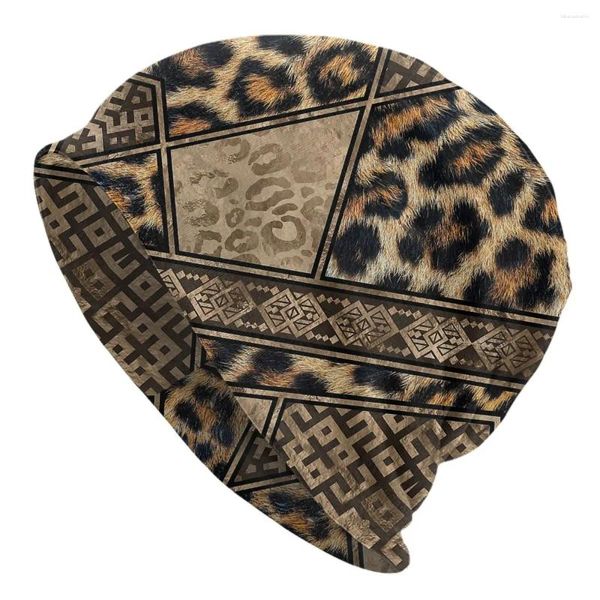 Berets Pele de Leopardo com Ornamentos Étnicos Bonnet Chapéus Hip Hop Outdoor Skullies Beanies Chapéu Marrom Animal Homens Térmico Elástico Cap