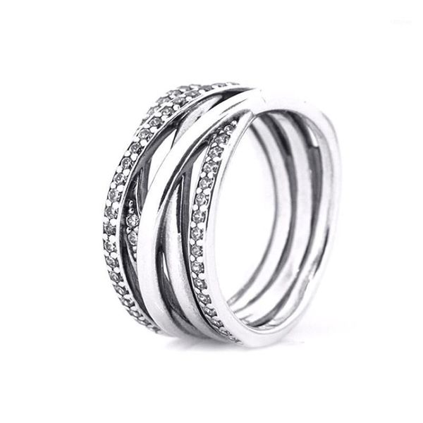 Большие свадебные комплекты, Аутентичные кольца из стерлингового серебра 925 пробы, прозрачные переплетенные кольца с CZ для женщин, ювелирные изделия R0281212D