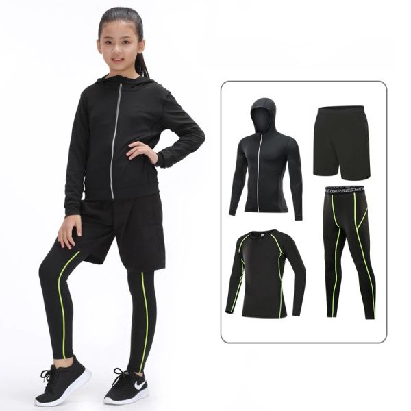 Acessórios crianças esportes correndo conjunto menina terno de compressão jogging basquete roupas esportivas ginásio collants meninas yoga treino treinamento com capuz