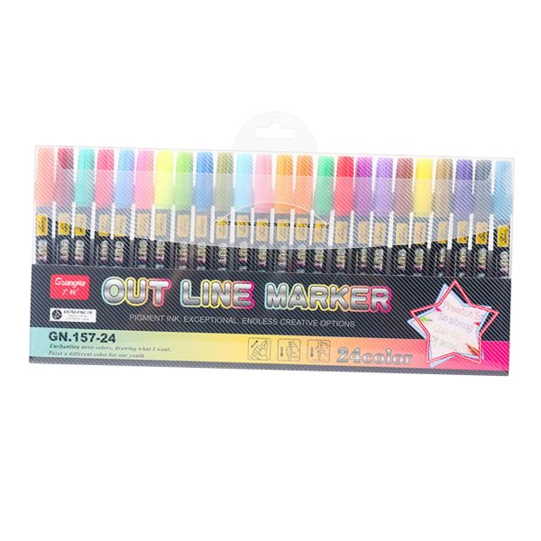Ручки, 24 шт., металлическая ручка, набор ручек с двойной линией, металлический цветной маркер, маркер, двойной контурный маркер