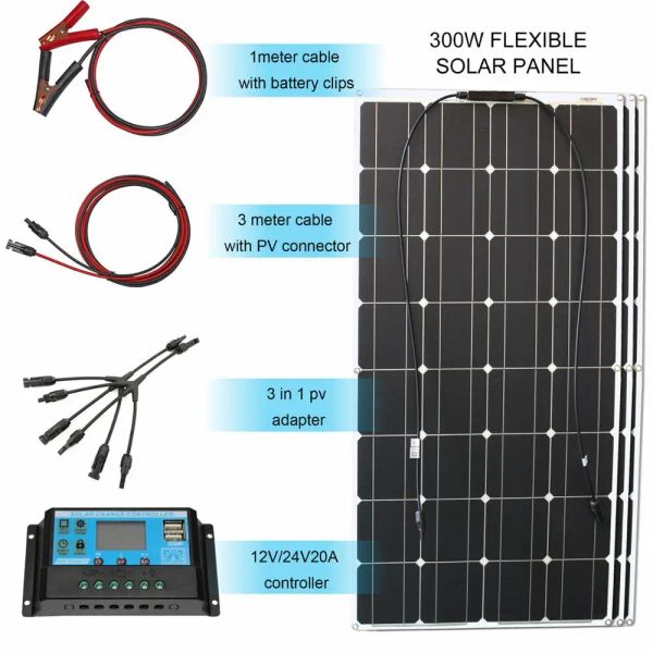 Солнечная высококачественная гибкая солнечная панель мощностью 300 Вт для бытовой техники с аккумулятором 12 В. Простота установки.