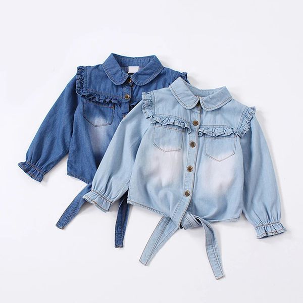 Mädchen Herbst Denim Shirts Casual Rüschen Blusen Kinder Krawatte Knoten Hemd Kleinkind Baby Mädchen Langarm Tops Kinder Outwear Frühling 240219