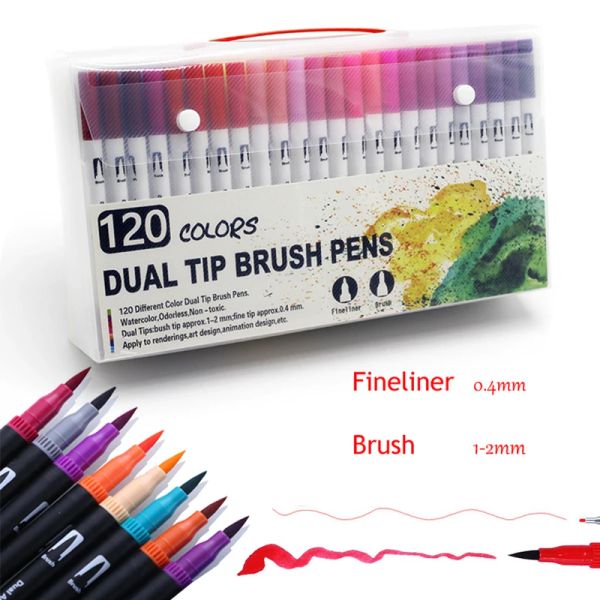 Marcadores Conjunto de marcadores 36/48/72/120 cores FineLiner Dual Tip Brush Pen Desenho Pintura Aquarela Canetas marcadoras de arte para materiais de arte mangá