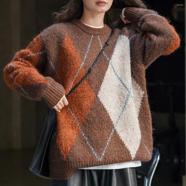 Женские свитера, свитер оверсайз с ромбовидным узором, пуловер с круглым вырезом, цветной зимний джемпер из смеси шерсти альпаки