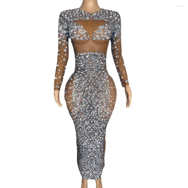 Bühnenkleidung für Damen, sexy Mesh, transparent, Geburtstag, Feiern, Abendkleid, glitzernde Strasssteine, Kristalle, braun, lang