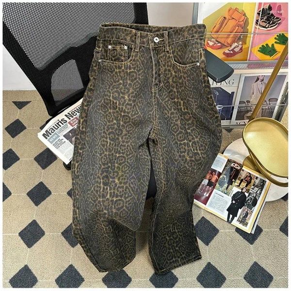 Jeans masculinos calças jeans primavera outono leopardo masculino retro rua cowboy calças retas bolsos soltos casuais